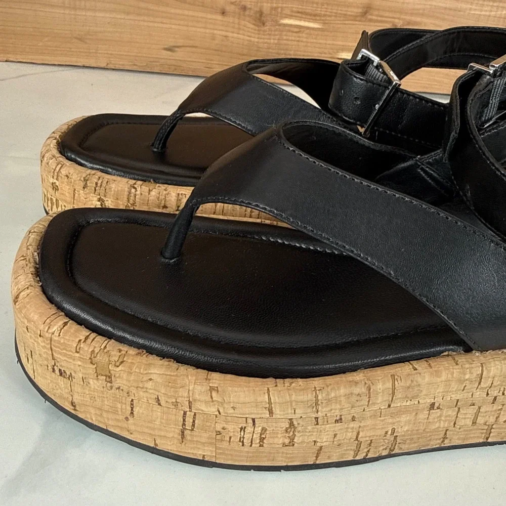 Schutz Tessie Black Leather Cork Platform Thong Sandals Womens 7B Ankle Strap